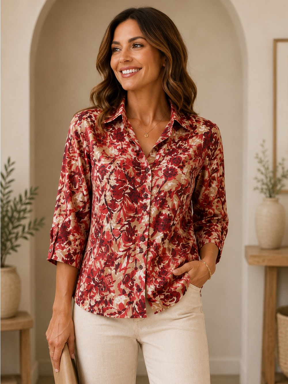 Chico’s Linen Blend Red Floral Button Front Blouse 3/4 Sleeve Artsy Boho Top